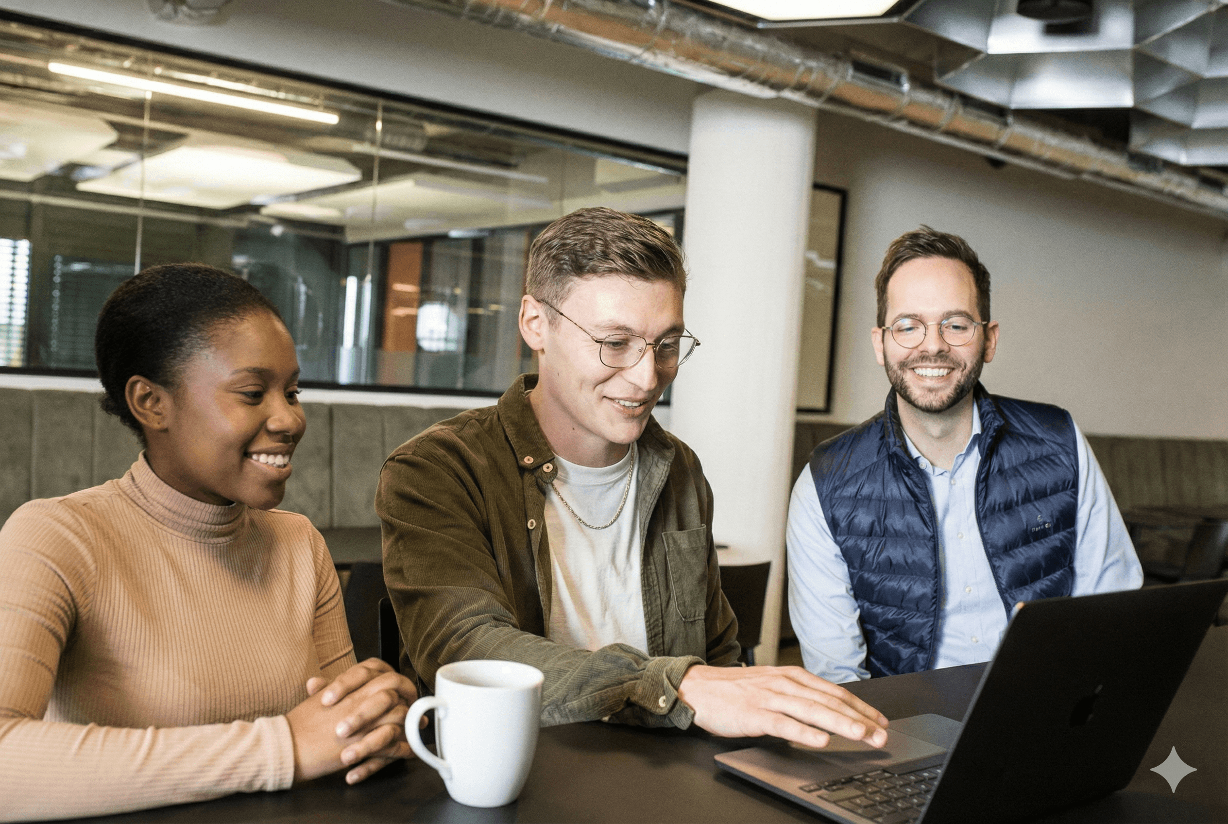 Sovendus employees looking happily at a laptop screen in the Sovendus office