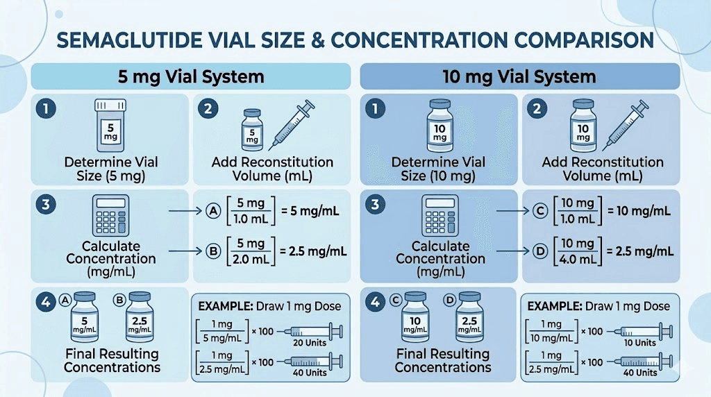 Semaglutide vial sizes and reconstitution concentrations comparison