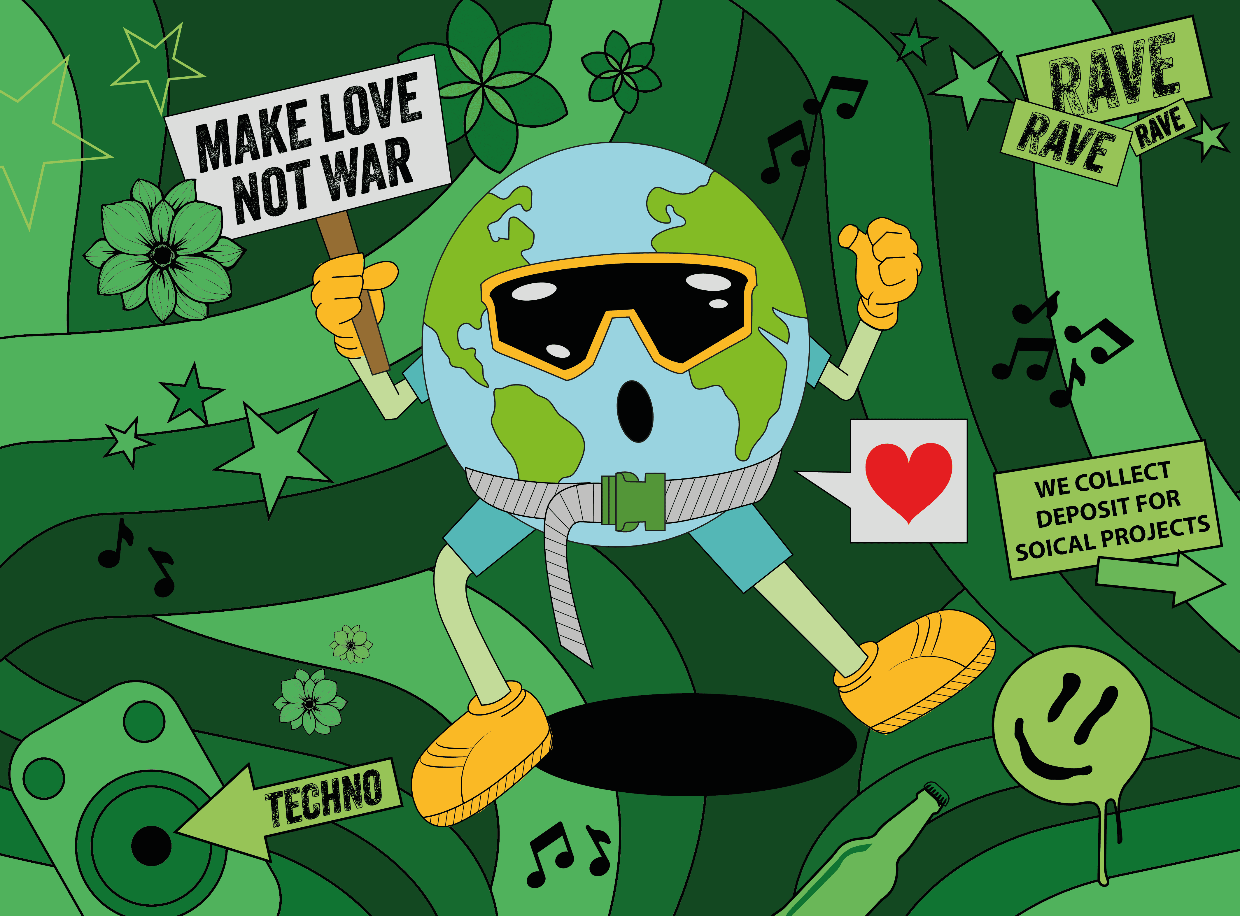 Illustration für Rave the Planet 2024 mit tanzender Weltkugel und Peace-Botschaft