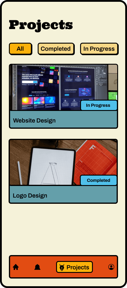 picture of mobile ui design demontrating the user all, completed, or in progress project 