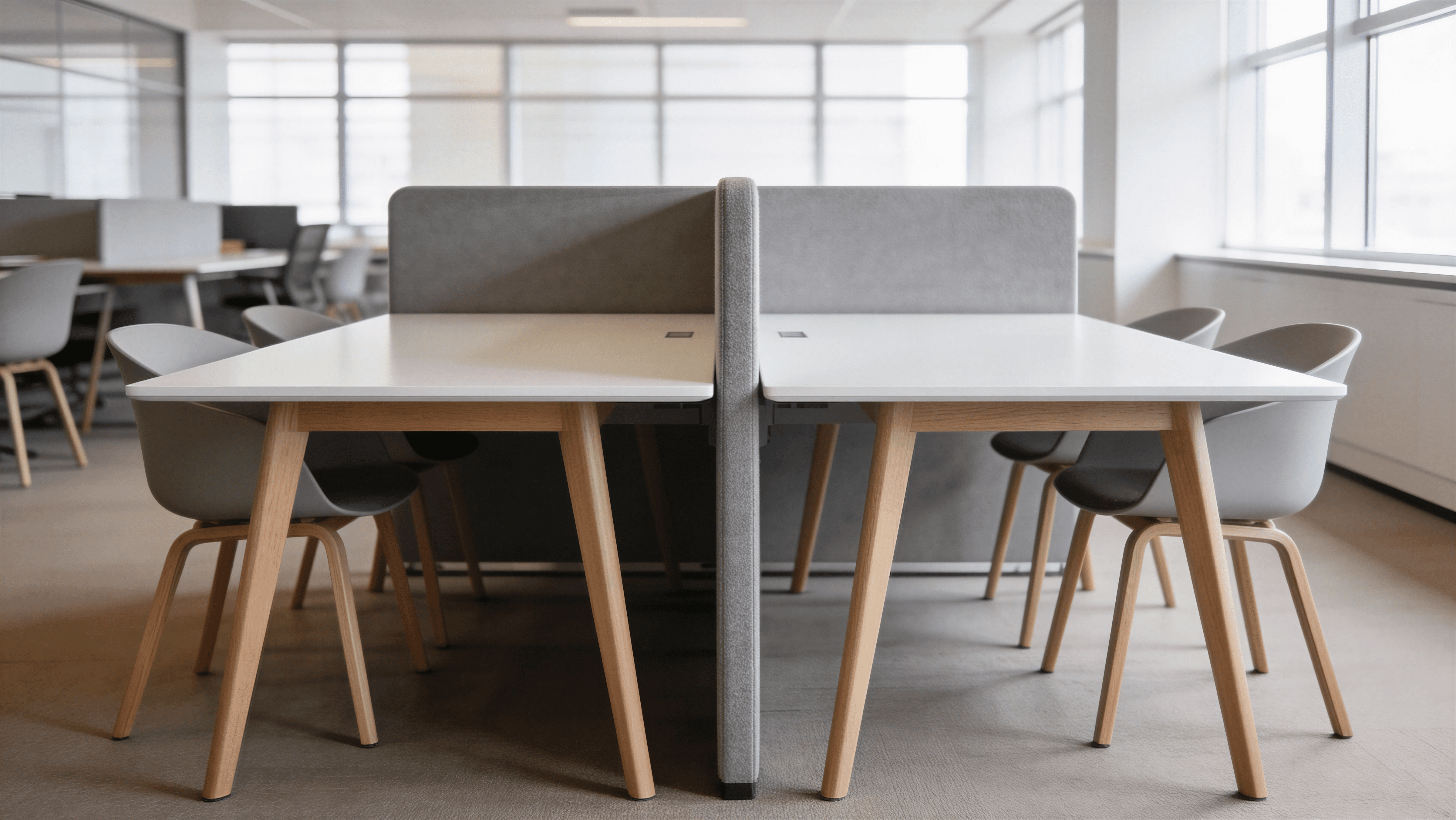 Spațiu open‑space cu mese față în față, panouri fonoabsorbante gri și scaune din lemn.