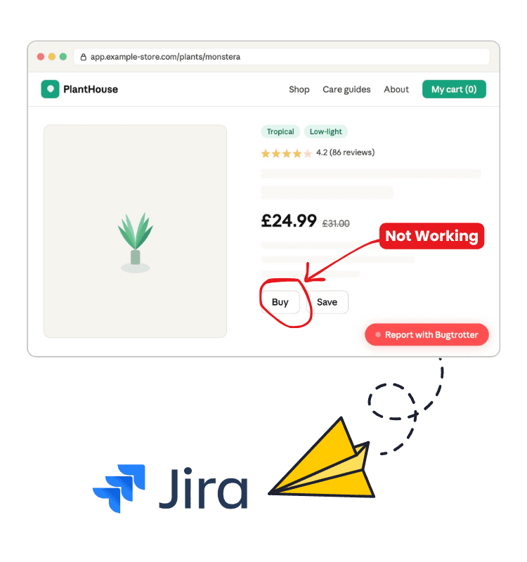 Customer reporting a broken checkout button by sending a Bugtrotter video report directly to Jira