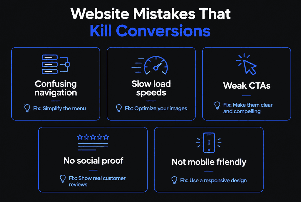 Infographic of website mistakes that kill conversions: confusing navigation, slow load speeds, weak CTAs, no social proof and not mobile friendly