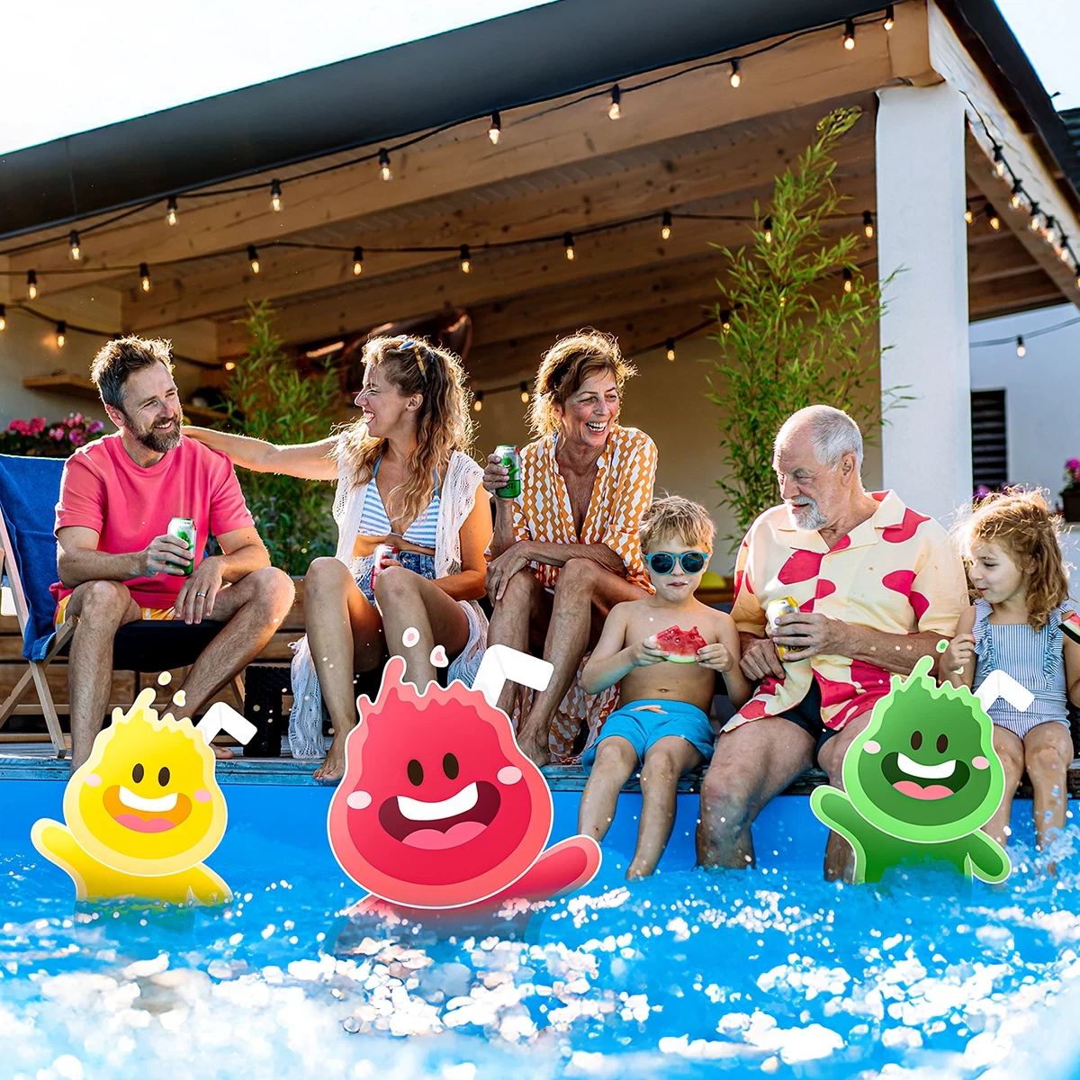 Family and kids enjoying pool party with colorful drink characters and string lights at outdoor patio.