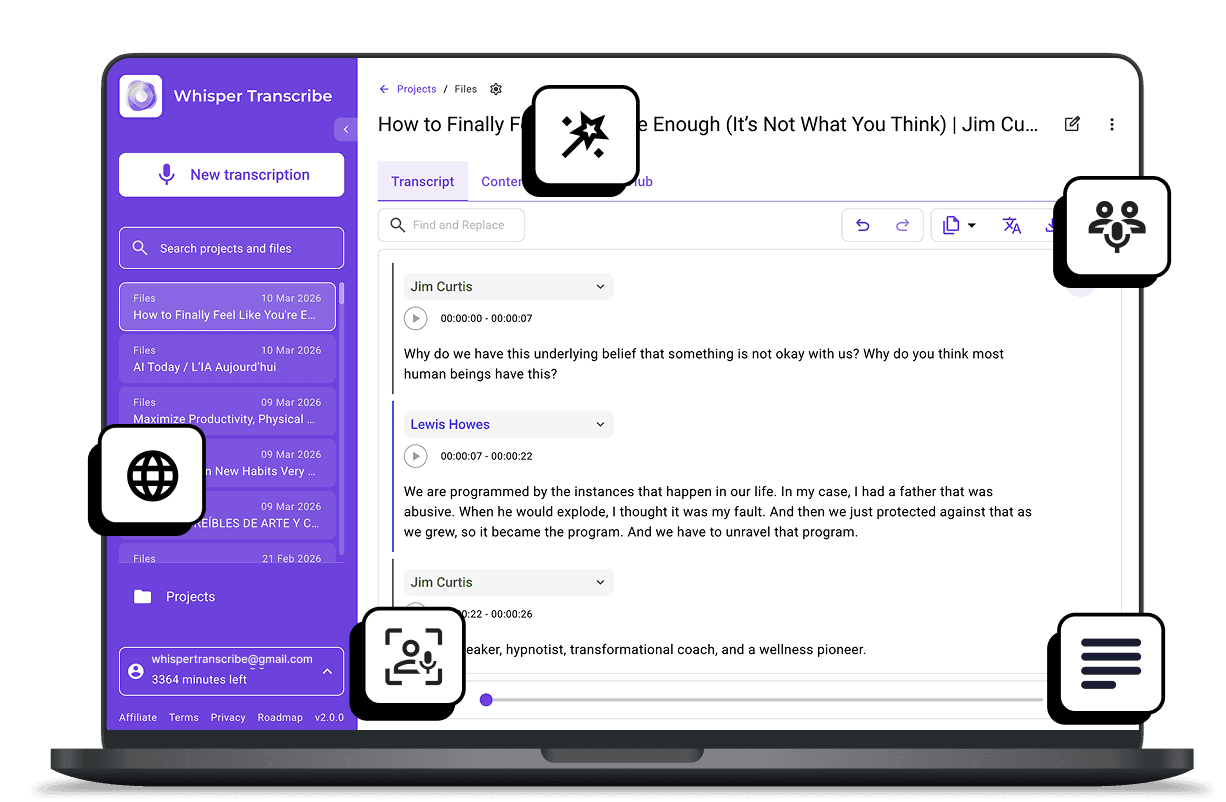 Interface WhispeerTrasncribe para podcast