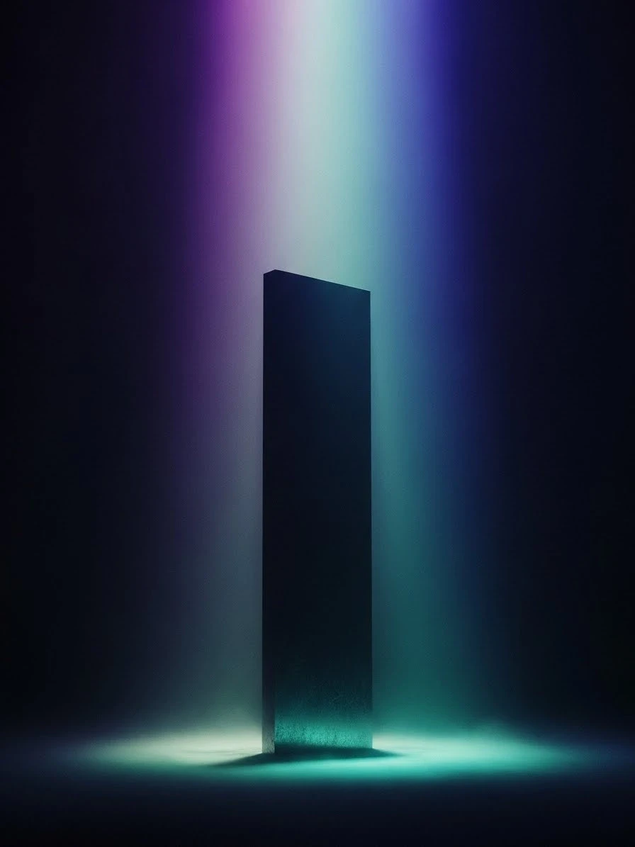 Dark monolith structure illuminated by purple and blue atmospheric lighting in a misty void