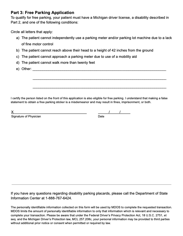 Page 3 of mid-fidelity prototype of placard application form, with section titled "Part 3: Free Parking Application."
