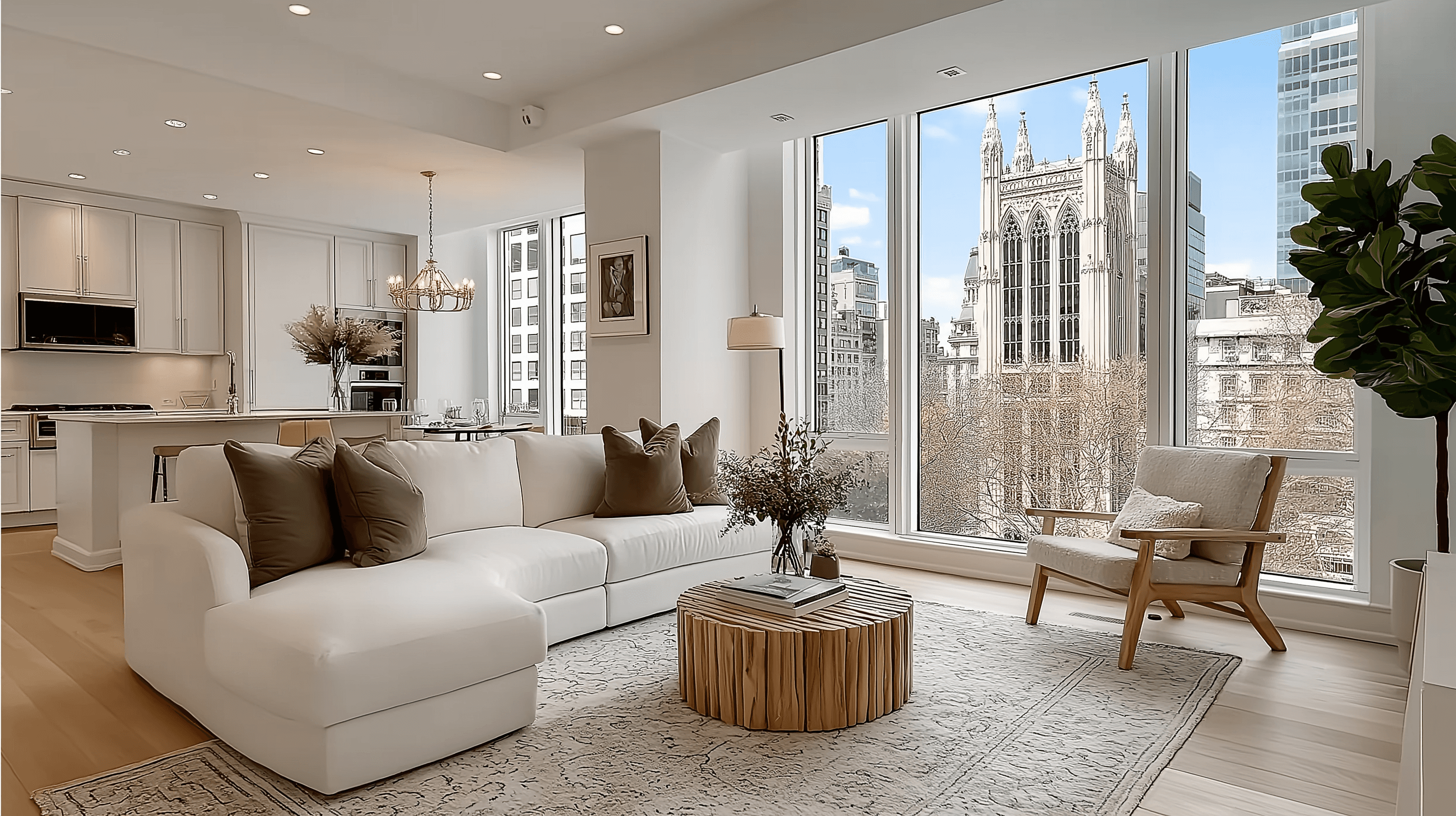 Bright contemporary living room featuring a white sectional sofa, a round wooden coffee table, an open kitchen, and large windows with a view of a gothic-style historic building.