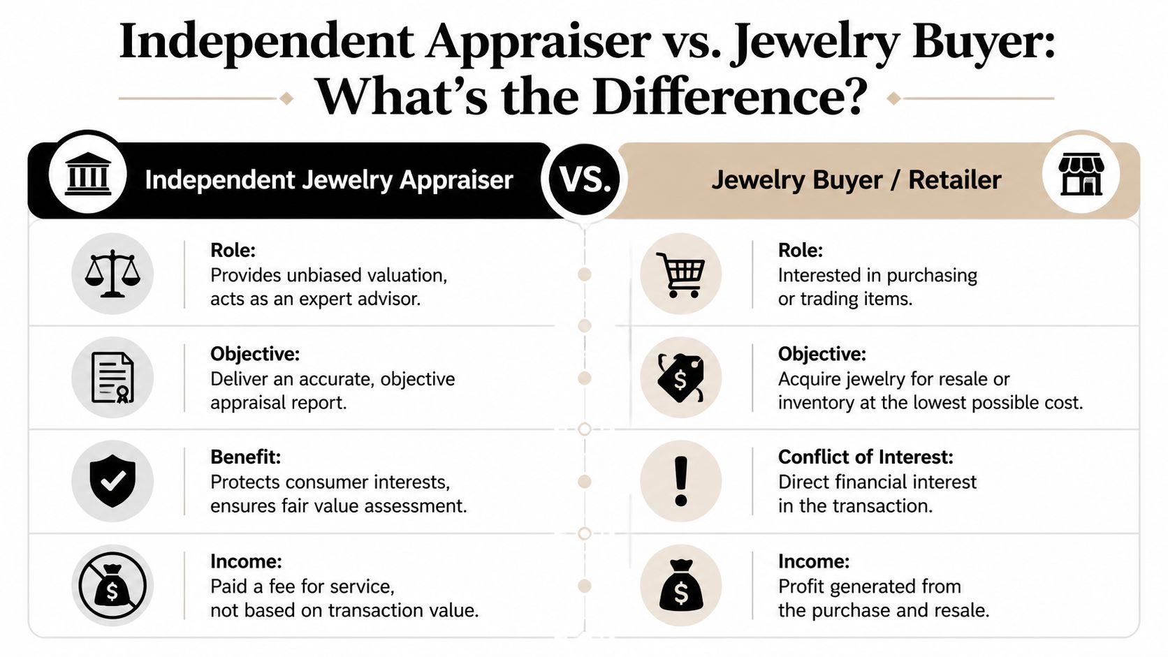 A comparison chart showing the differences between an independent jewelry appraiser and a retail jewelry buyer.