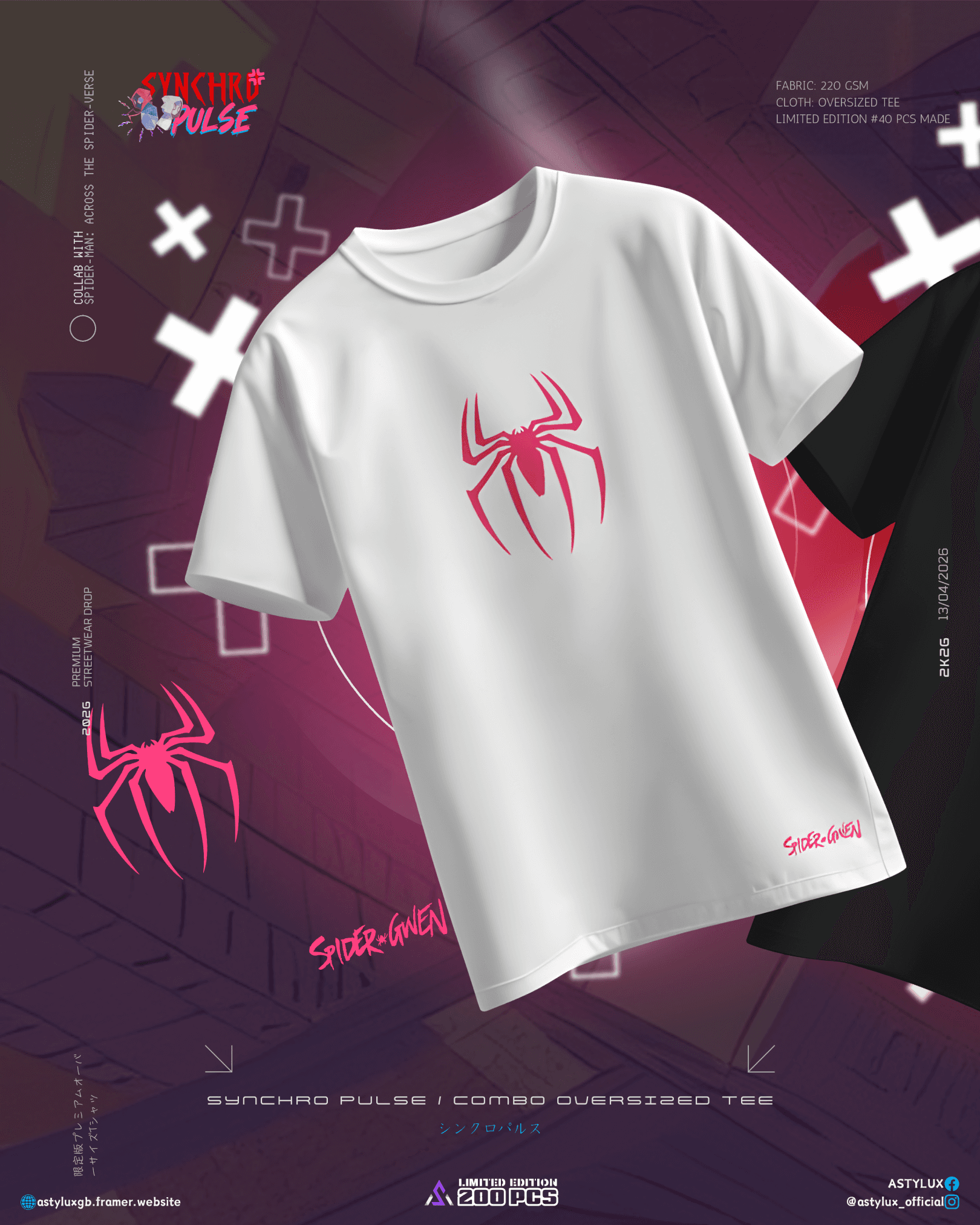 Synchro Pulse / The Multiverse Combo Oversized Tees THE GHOST-SPIDER (WHITE & PINK — GWEN)