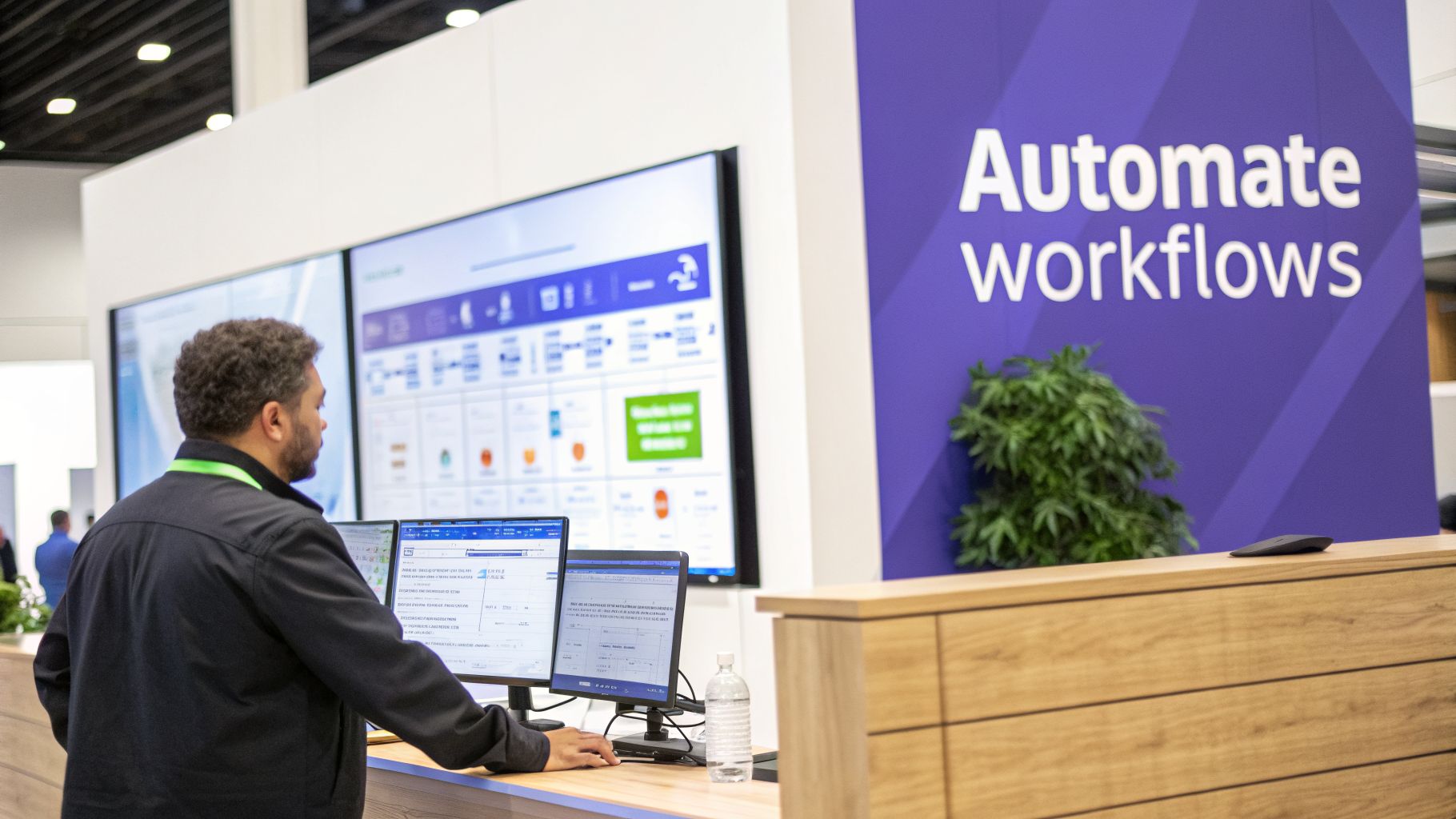 A man views multiple computer screens at a tech event booth with an 'Automate workflows' sign.