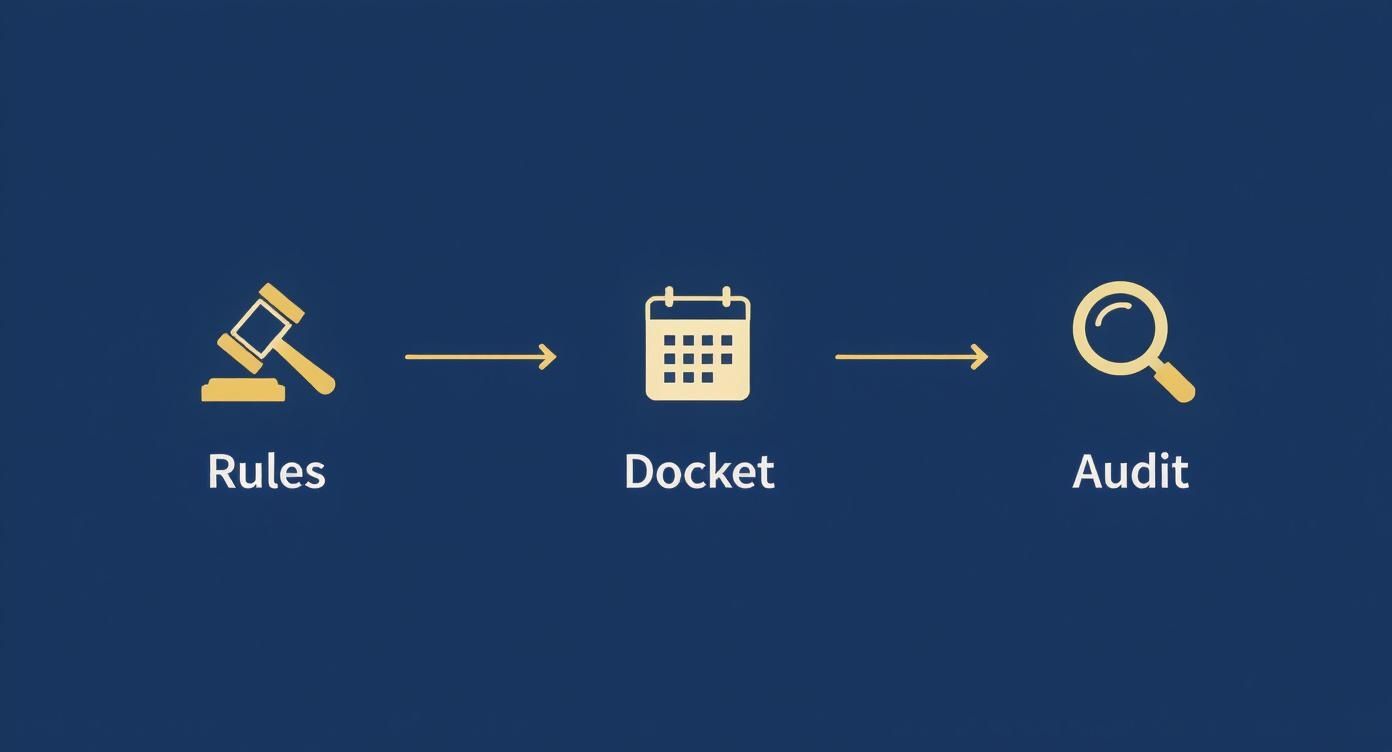 Workflow diagram showing legal rules, docket management, and audit process with icons.