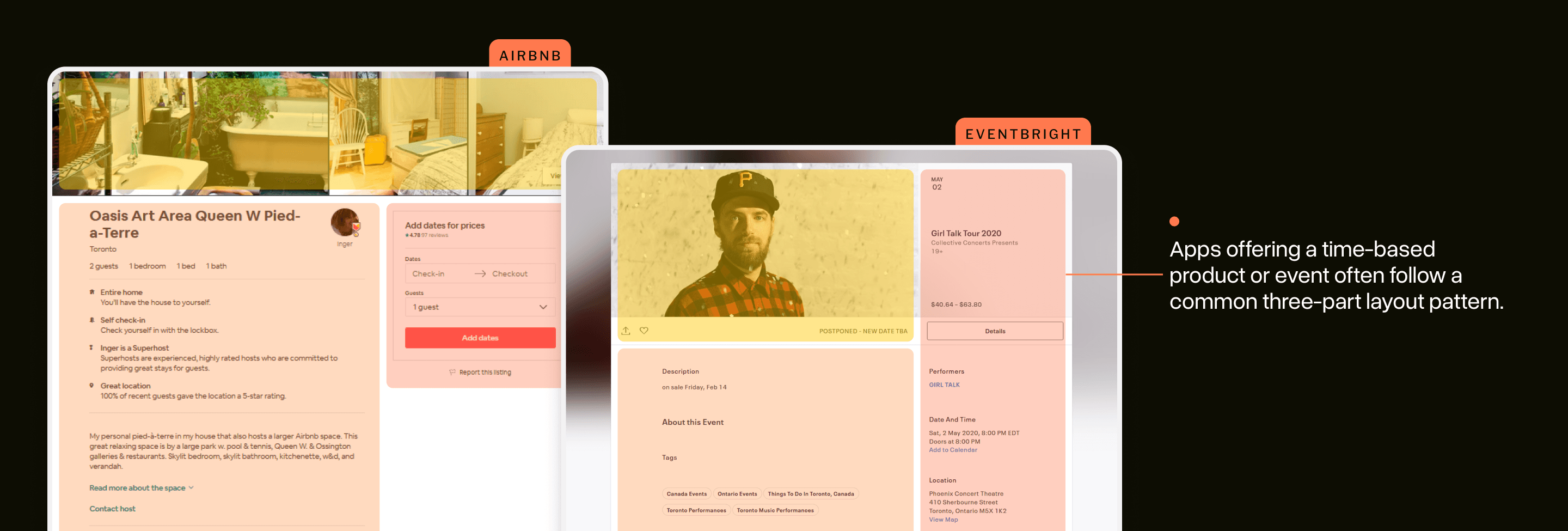 A selection of images highlighting how time-based products like Airbnb and Eventbright layout their pages: often using a 3-part pattern: image at the top, a large column of information, and a space to take action or purchase.