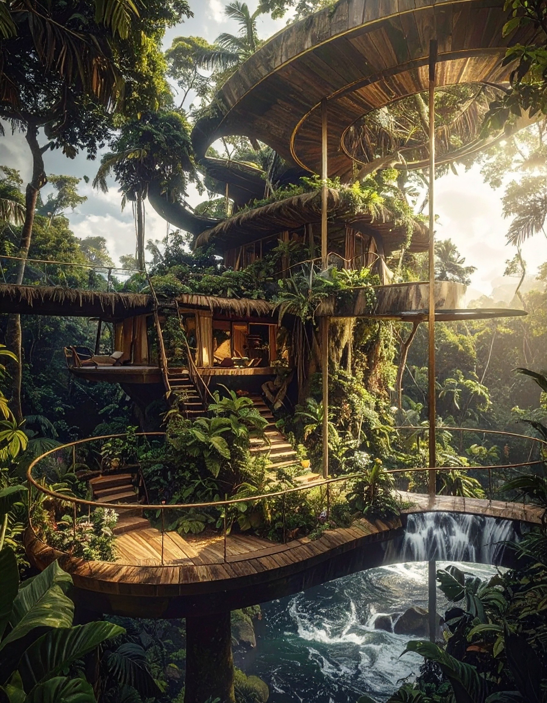 brown wooden lounger near body of water