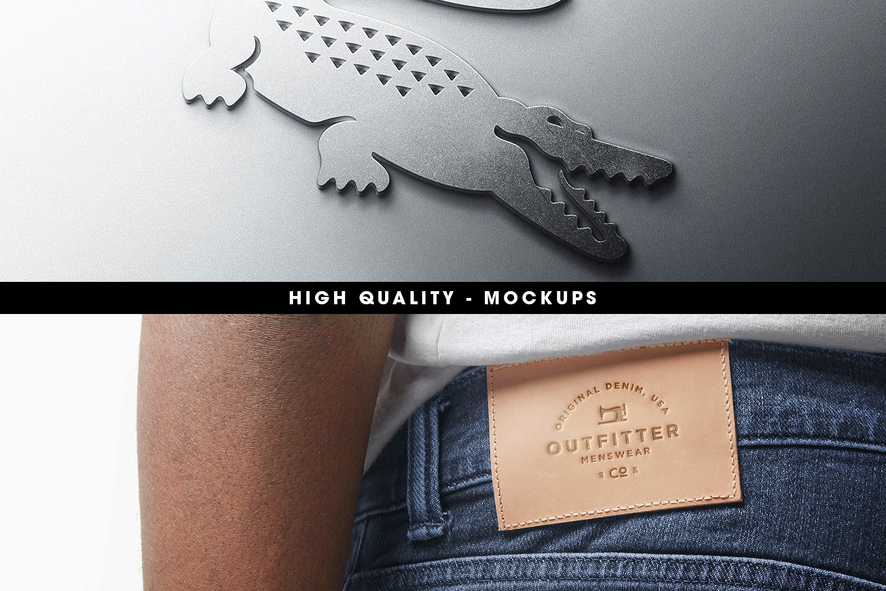 Elegant 3D metal logo mockup on a silver surface and Realistic leather patch logo mockup on denim fabric.