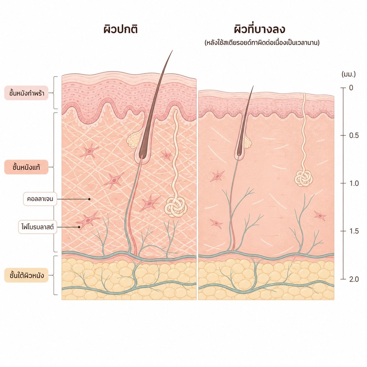 แผนภาพชั้นผิวปกติเทียบชั้นผิวที่บางลงหลังใช้สเตียรอยด์ทาเป็นเวลานาน
