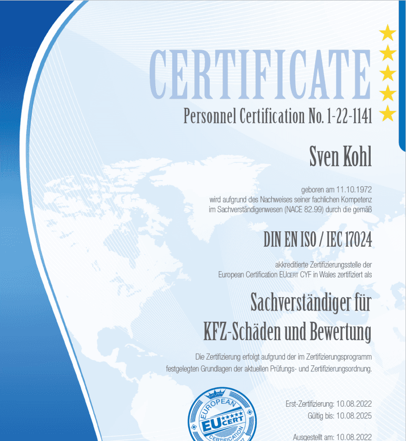 Zertifikat KFZ Gutachter Gera