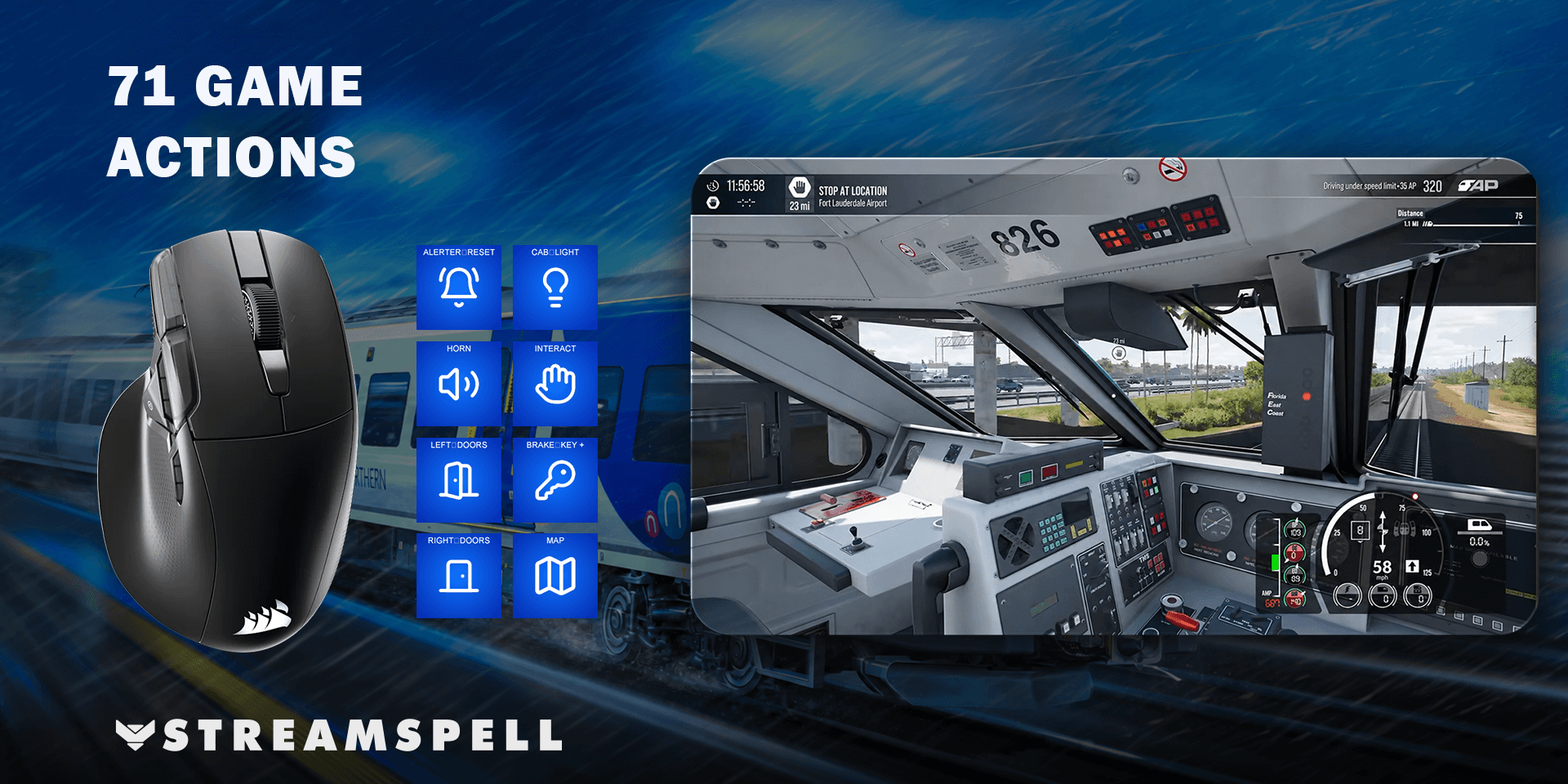 Train Sim World 7 gameplay beside NIGHTSWORD mouse controls and matching command artwork