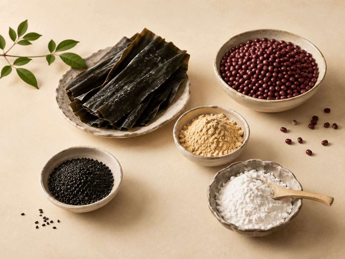 Traditional Japanese ingredients including sesame, kinako, adzuki, rice flour and kombu.
