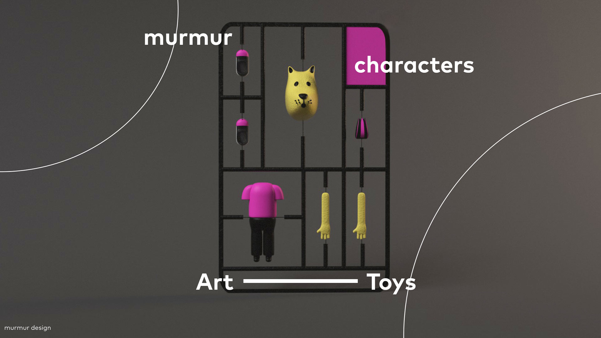 The image shows a black grid divided into nine compartments, labeled “Murmur” in the top left, “Art” in the bottom left, and “Toys” in the bottom right. Inside the grid are stylized figurines: a yellow fox head, a pink shirt, black pants, and yellow arms and hands. The background is dark gray, with curved white lines framing the grid. The text “murmur design” appears in the bottom left corner.