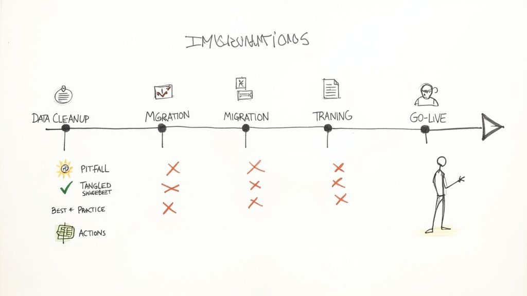 A project timeline showing phases like data cleanup, migration, training, and go-live, with multiple pitfalls indicated for each stage.