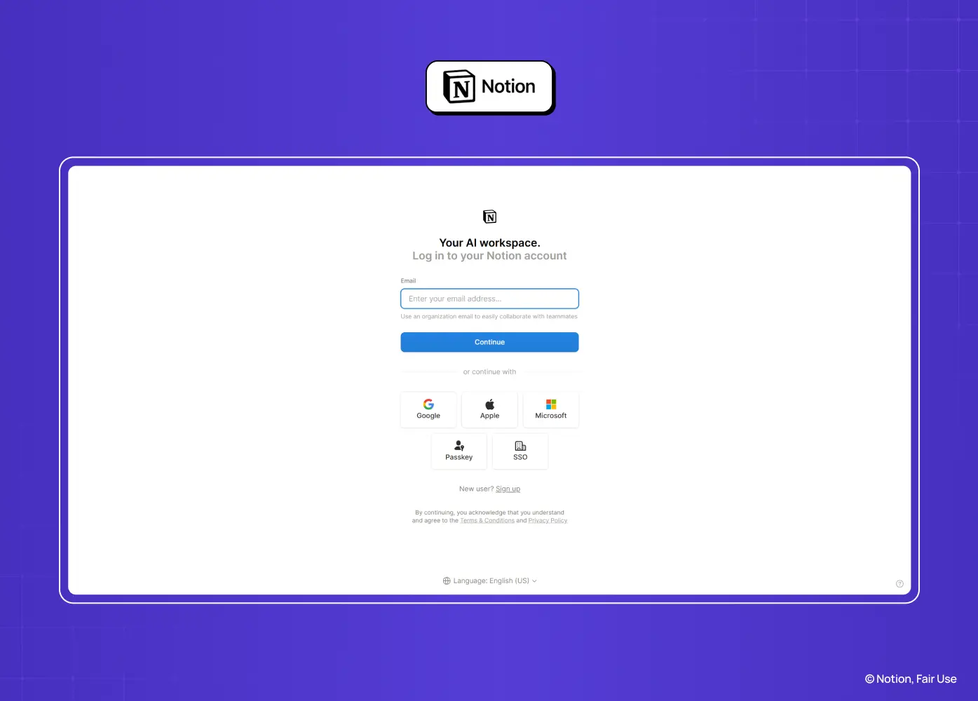 Notion login page featuring email entry, social sign-in options, and SSO authentication in a clean, minimalist interface.