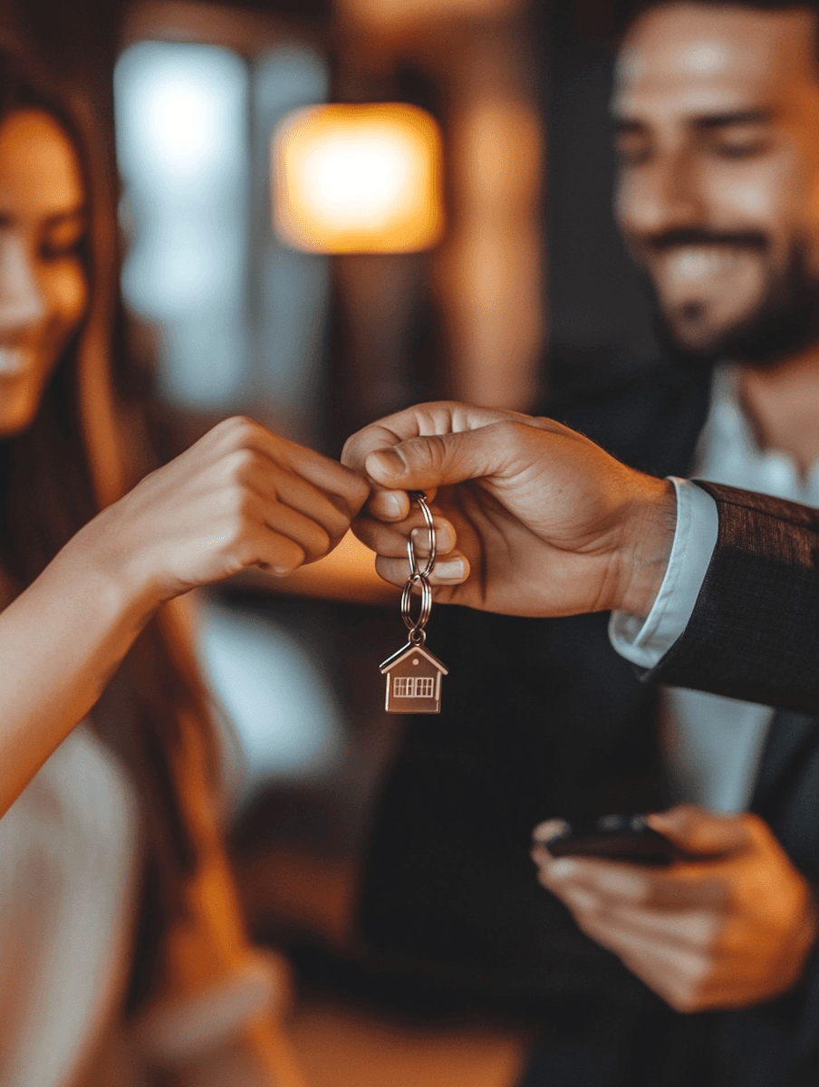 A smiling couple exchanges keys with a realtor, symbolizing a new home purchase. The keys have a house-shaped keychain. The atmosphere is warm and celebratory.