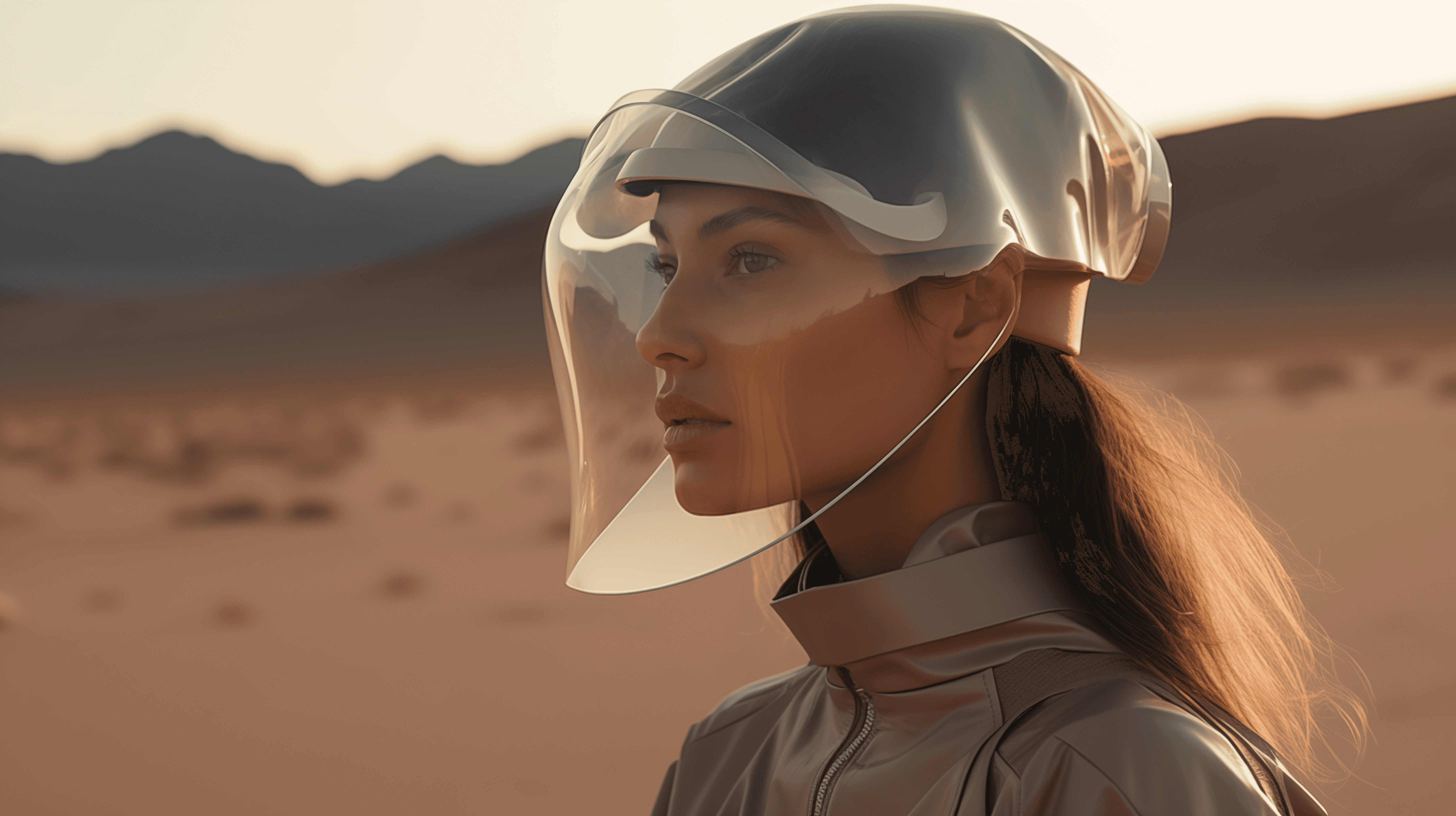 A woman standing in an extensive desert wearing a futuristic transparent reflective glass visor.