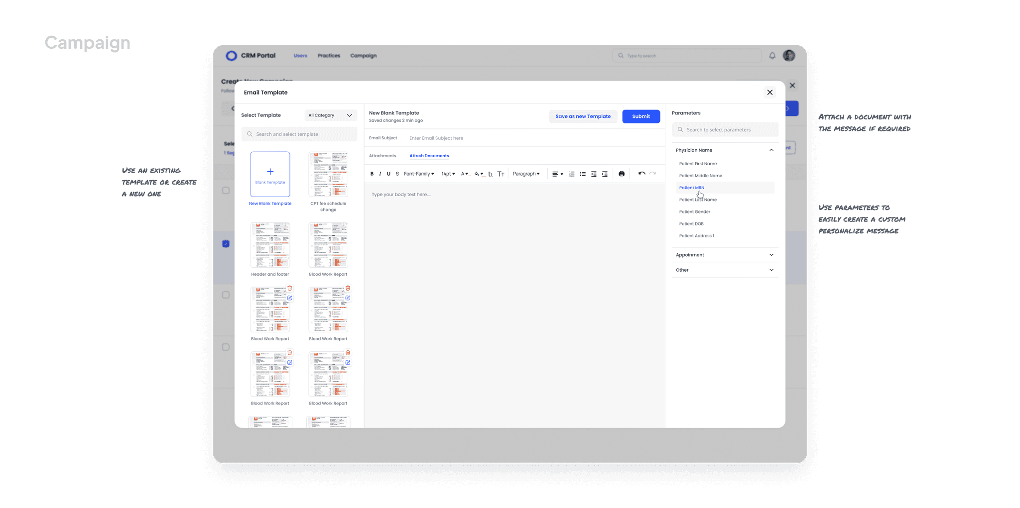 High fedility ui screen showcasing email template editor for campaign module along with annotation of design thinking.