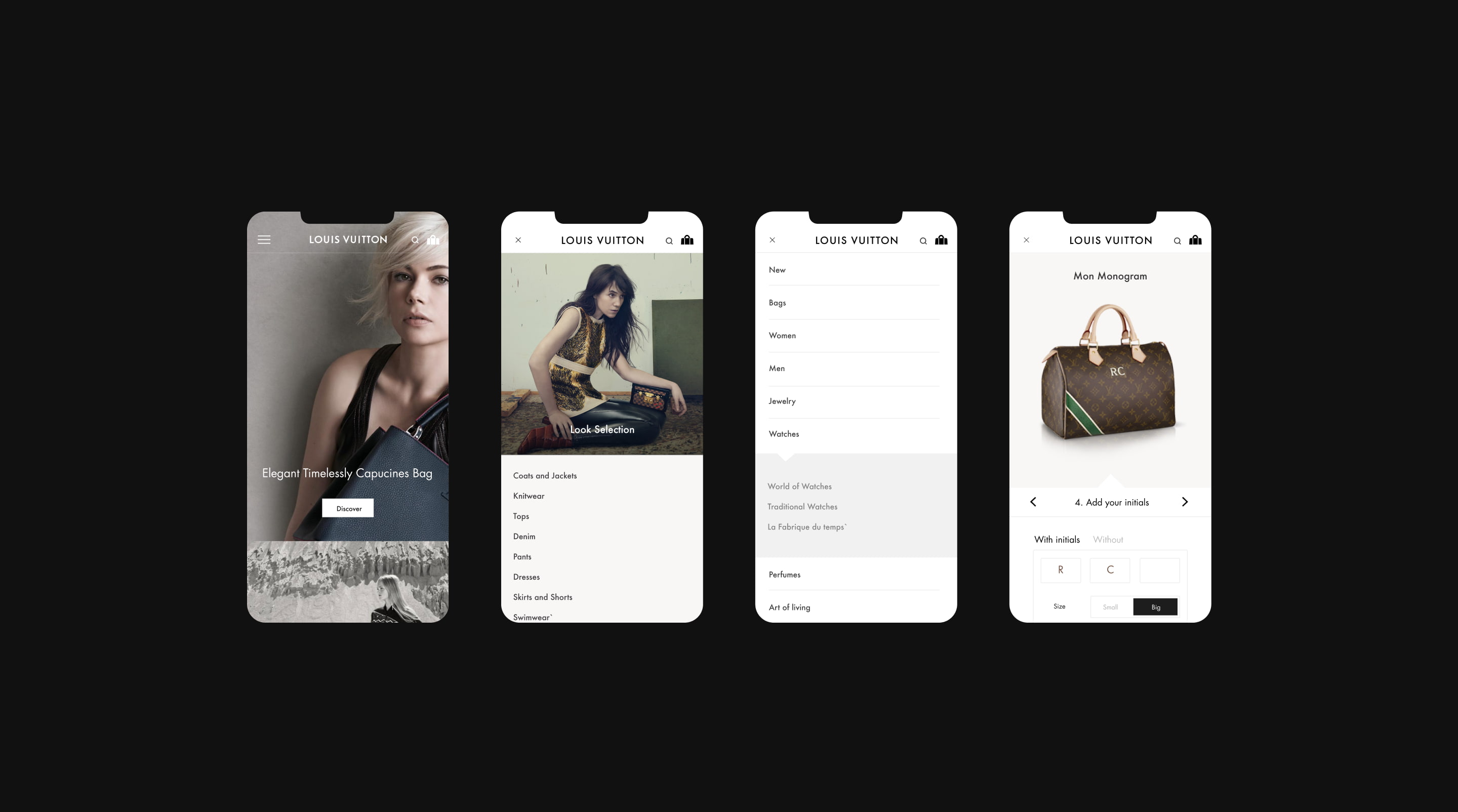 Mobile screens from the Louis Vuitton website