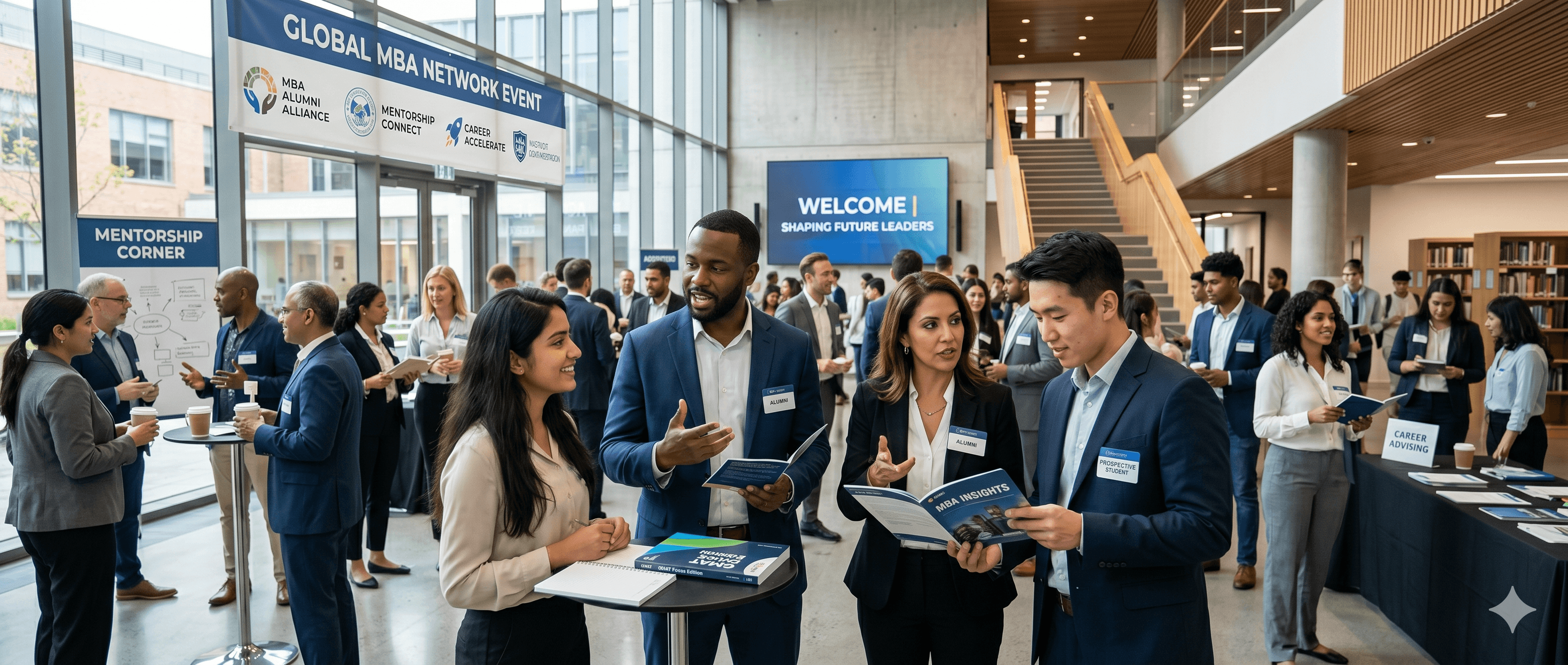 MBA aspirants and alumni networking, symbolizing mentorship and professional connections for college admission guidance in India.