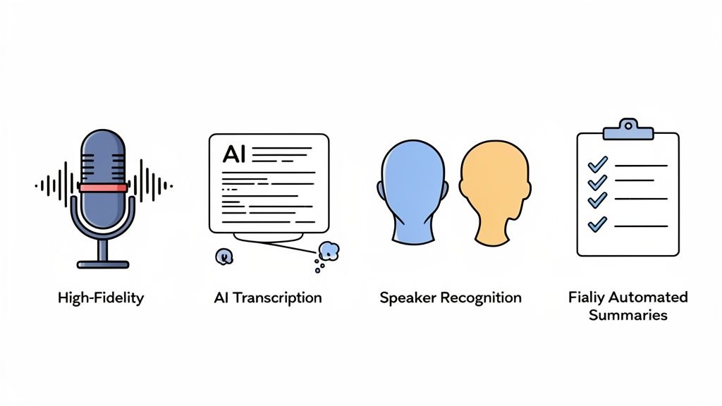 Four icons representing high-fidelity audio, AI transcription, speaker recognition, and automated summaries.