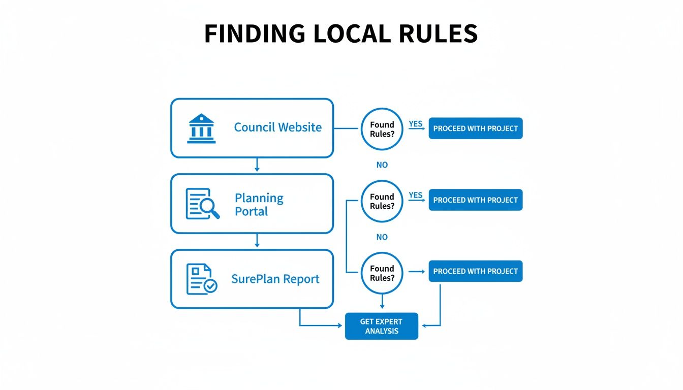A flowchart titled 'Finding Local Rules' details steps to find planning rules, including checking council websites, planning portals, and SurePlan reports.