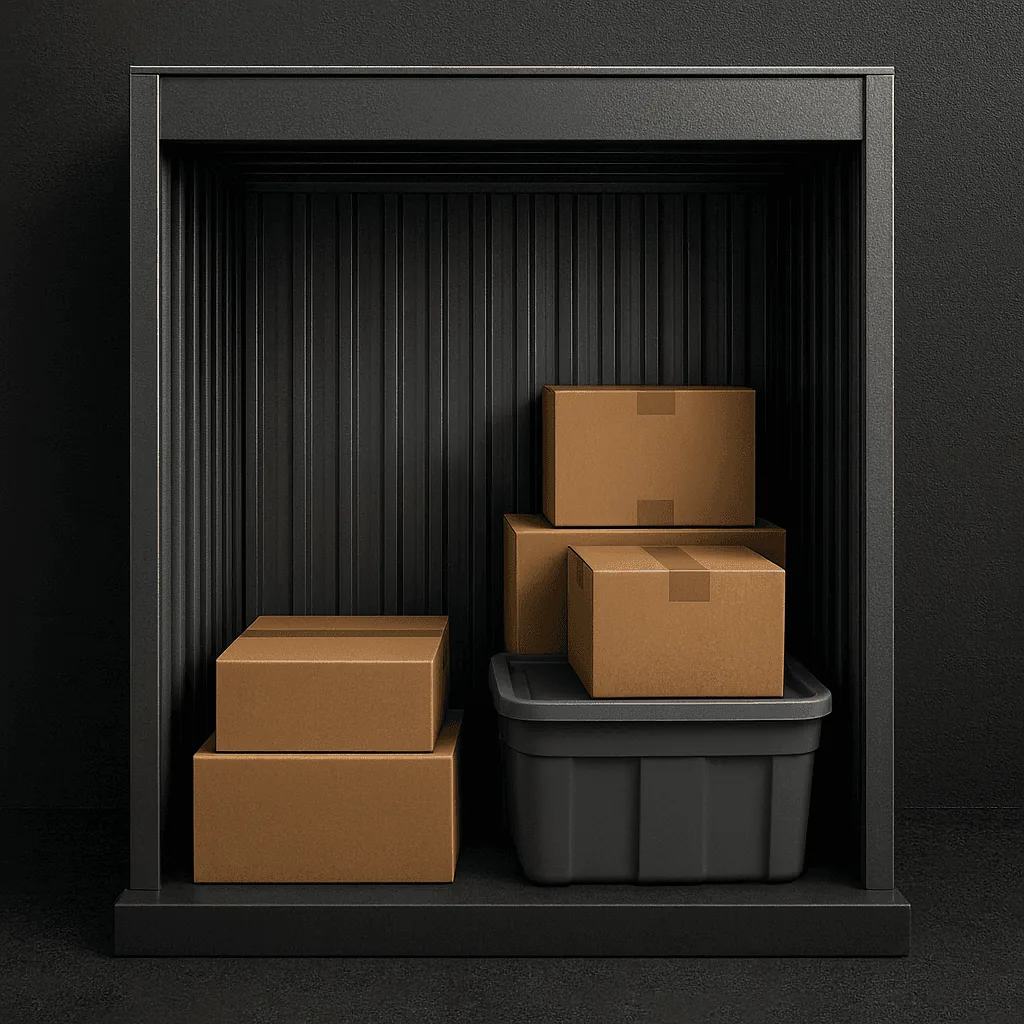Illustration of boxes and a storage tote inside a 5x2x5 locker