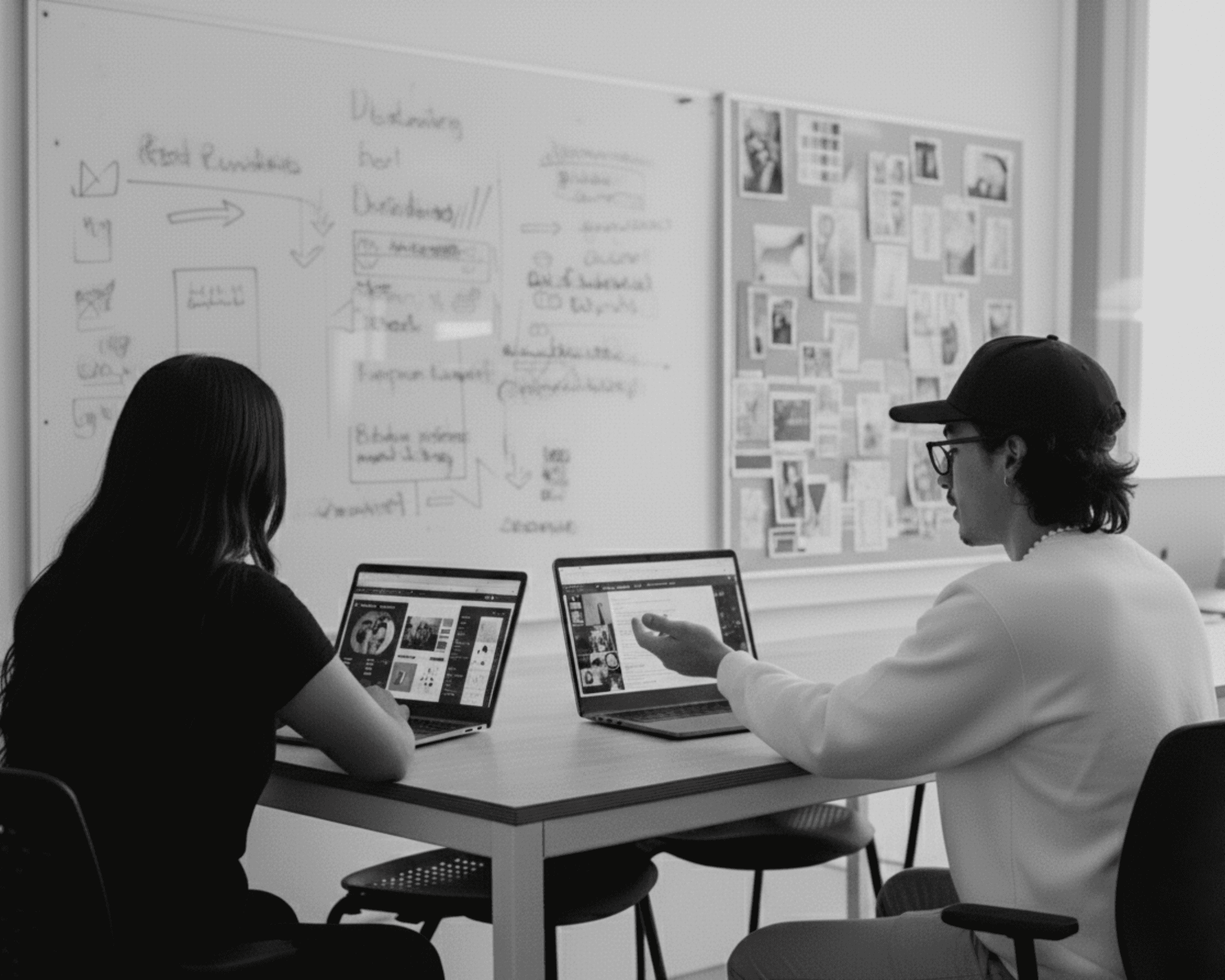 Black and white image of people working at a table with laptops, showing hands gesturing during discussion of digital content displayed on screens, with fabrica® logo in the corner.