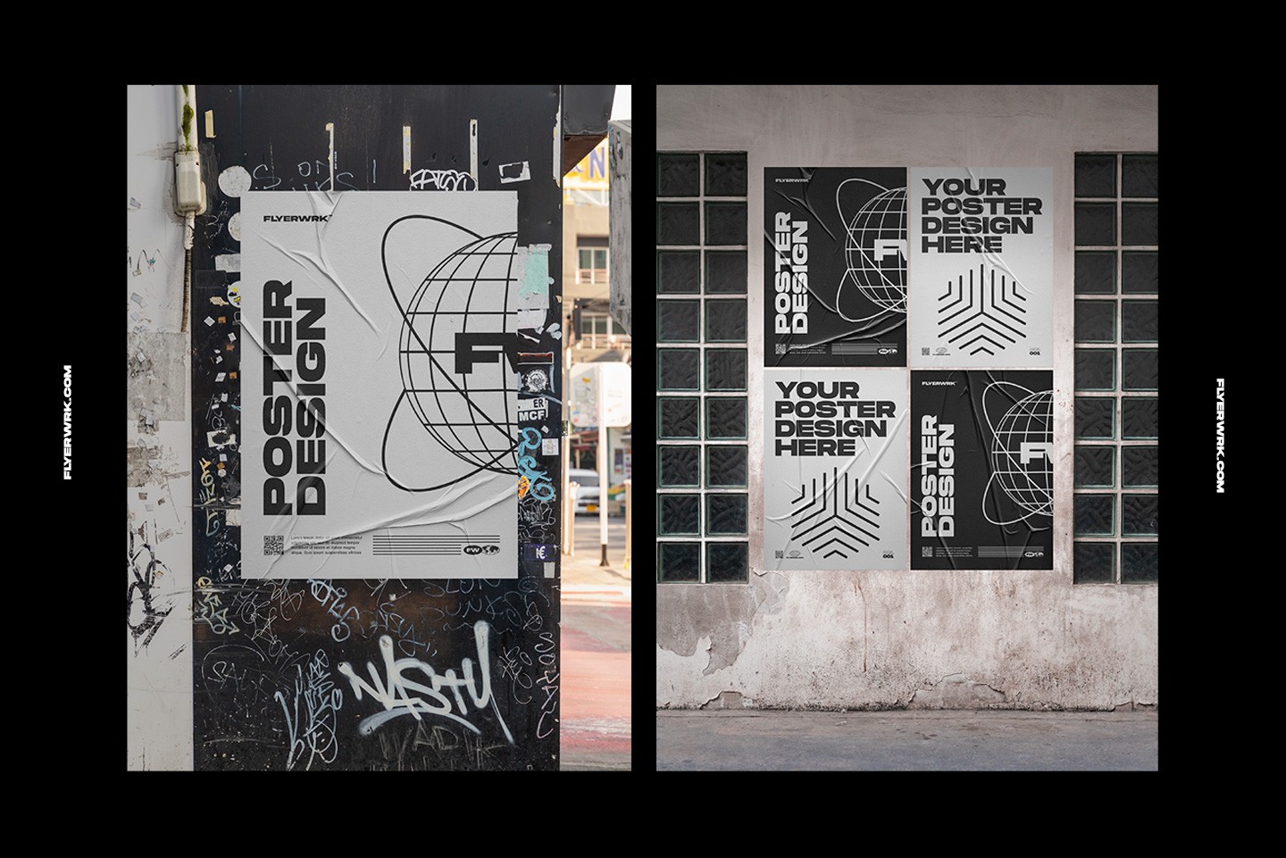 Urban poster wall mockup showing wrinkled poster placed on graffiti covered street wall