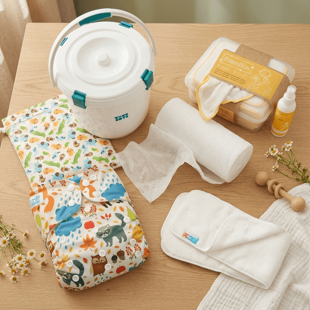 Warme flatlay met luieremmer, billendoekjes en inlegvellen