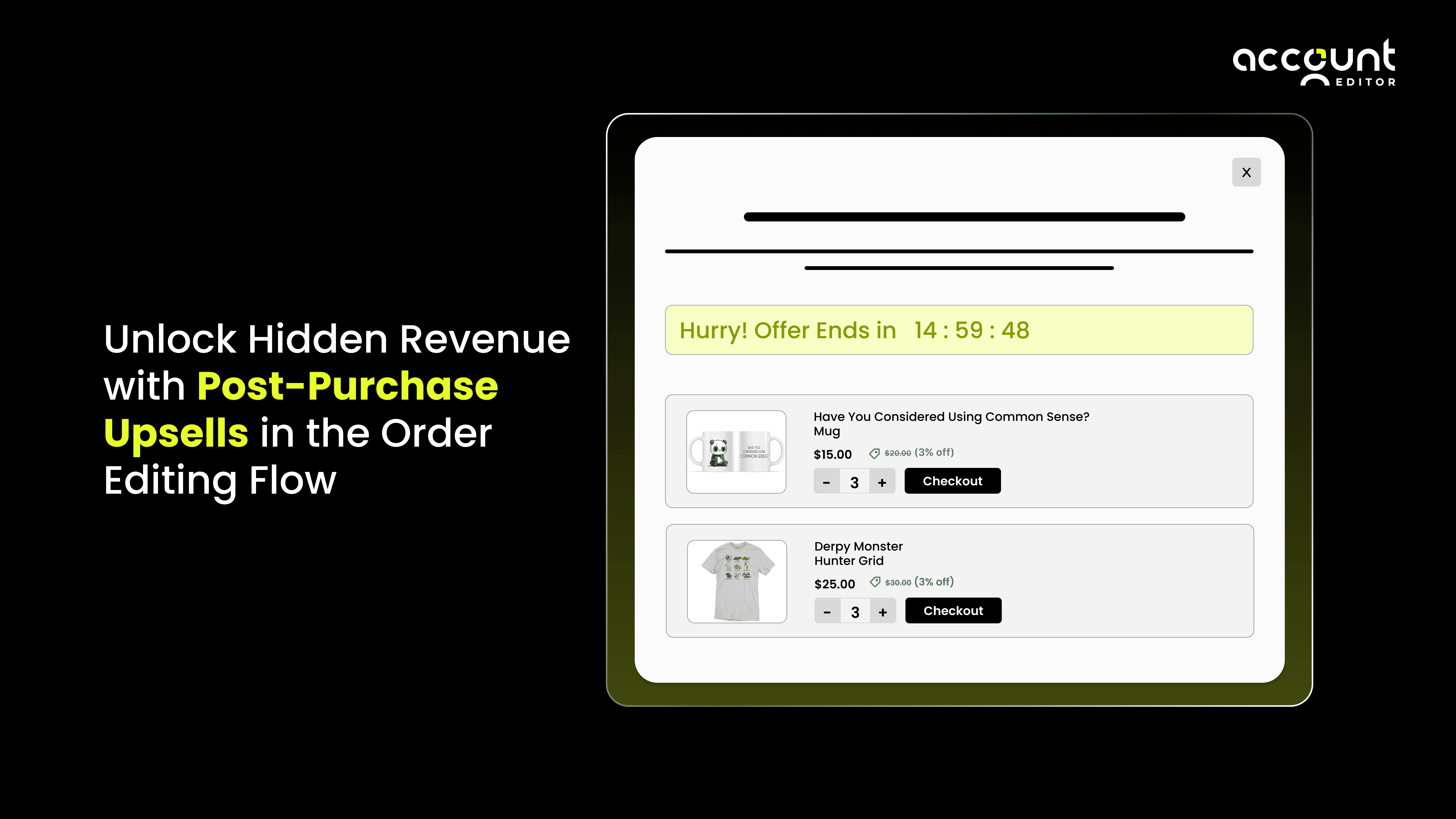 Illustration showing post-purchase upsells displayed inside a Shopify order editing flow with product recommendations and urgency timer.