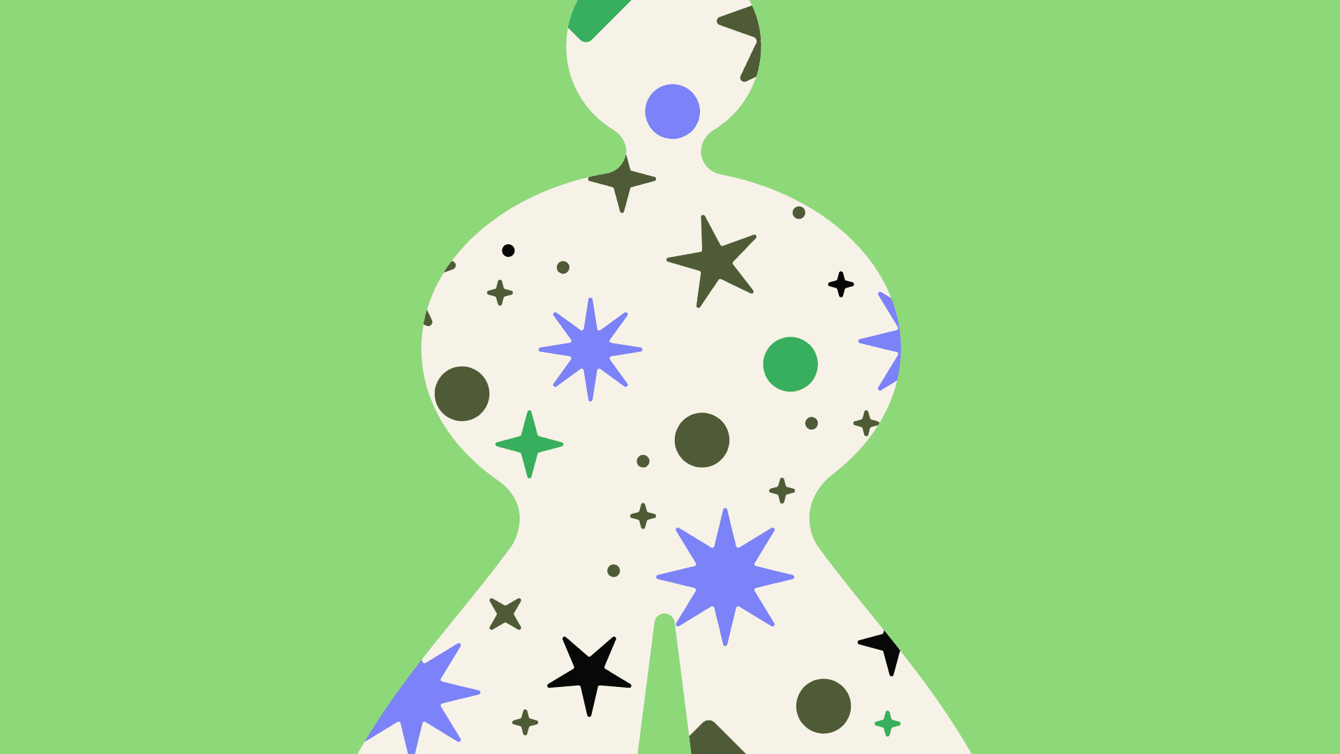 Abstract figure with star patterns in black, blue, and green on a light background against a green backdrop, conveying a playful mood.