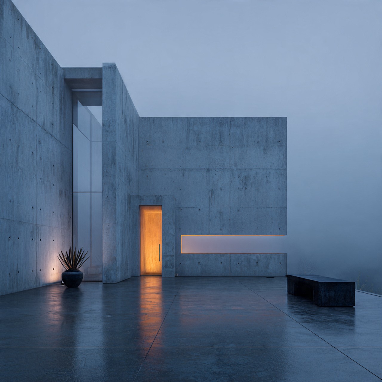 Modern concrete building at dusk with warm interior lighting. A bench and plant are on the wet ground, creating a calm, minimalist atmosphere.