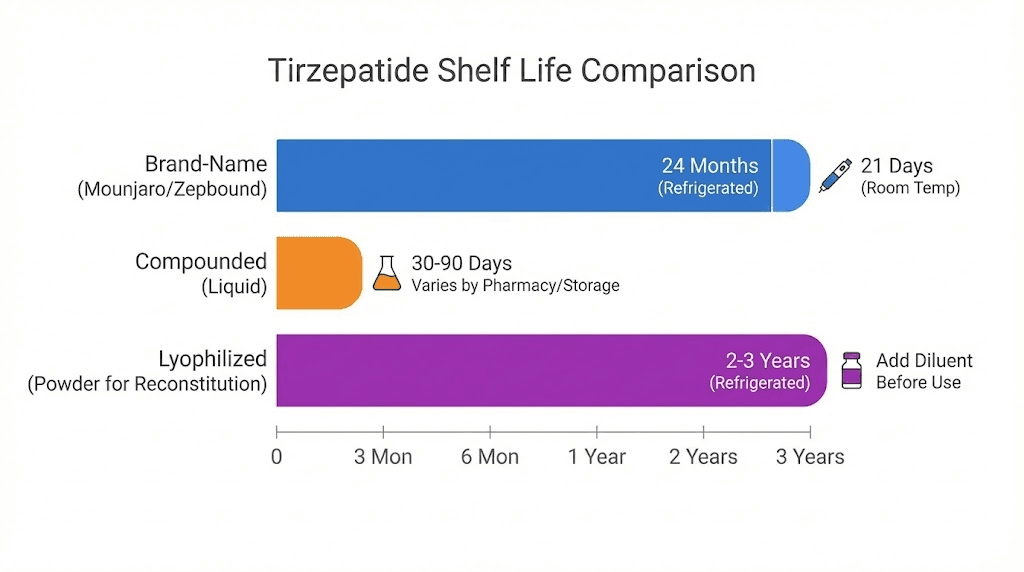 Tirzepatide shelf life comparison chart brand-name vs compounded vs lyophilized