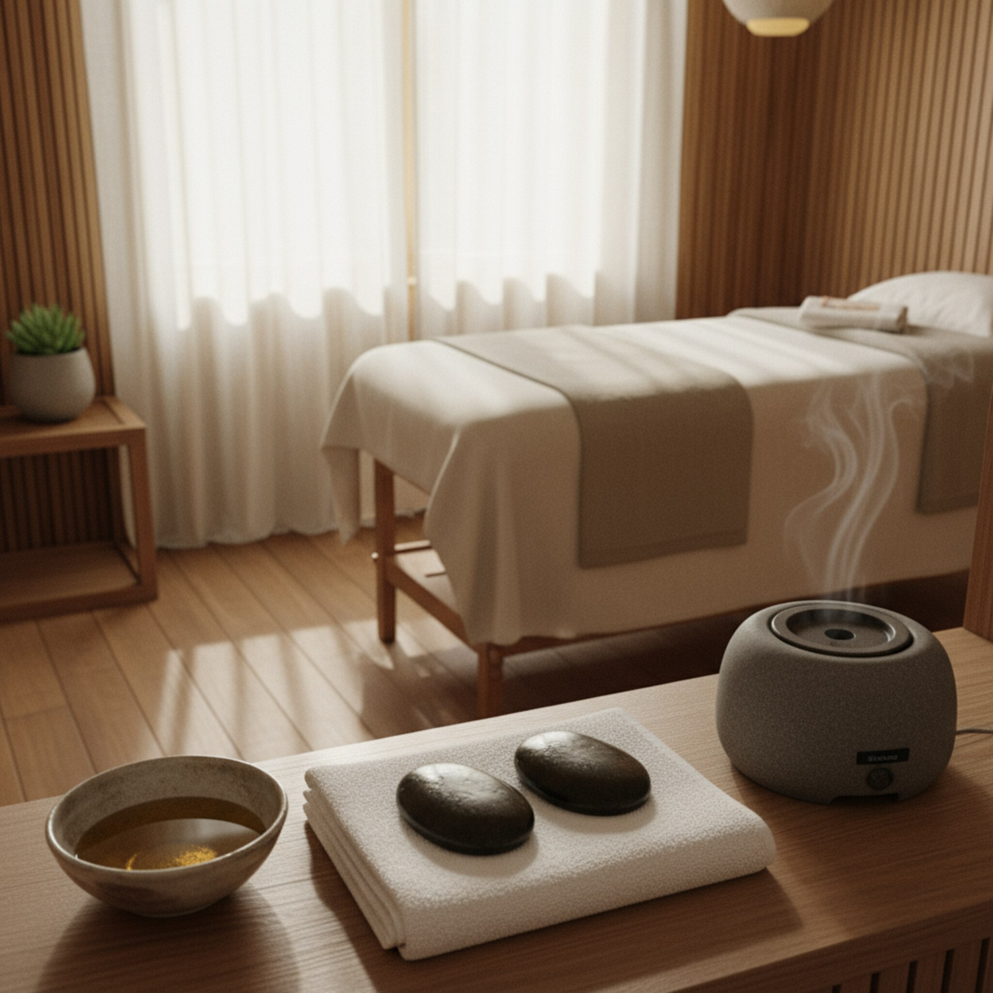 Zwei heiße Basaltsteine liegen geordnet auf einem Handtuch, daneben schimmert Massageöl in einer Schale. Sonnenlicht fällt durch halbtransparente Vorhänge und zeichnet weiche Schatten. Die Kabine ist aufgeräumt und ruhig. Alles ist bereit für eine Hot-Stone-Behandlung. Ein leiser Wärmestein strahlt angenehme Wärme.