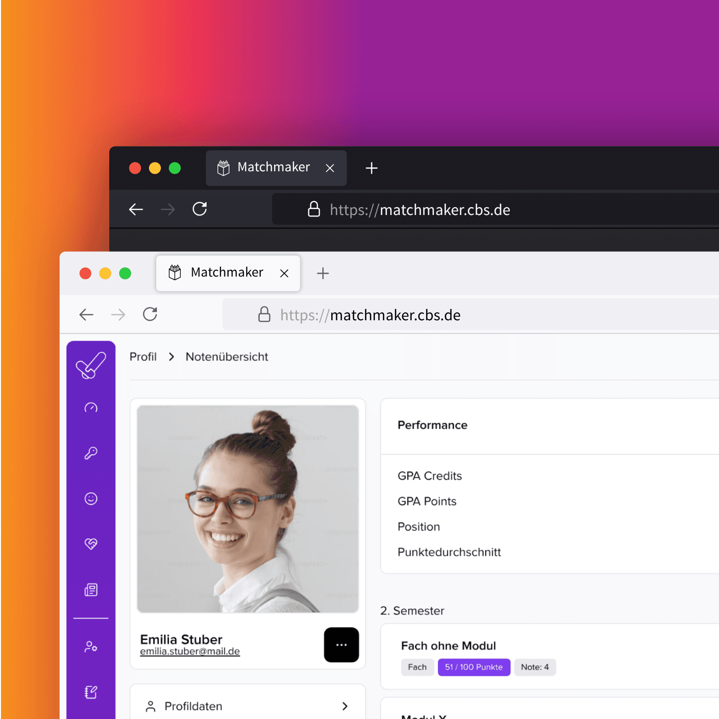 Webanwendung Matchmaker der CBS: Profilseite einer Studentin mit Foto, Name, E-Mail-Adresse und Notenübersicht inklusive GPA-Kennzahlen und Semesterfächern.