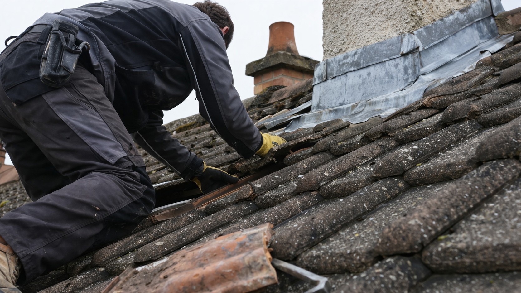 Artisan en train d’effectuer un entretien de toiture en tuiles près d’une cheminée, illustration du sujet locataire ou propriétaire : qui paie l’entretien de toiture selon les réparations et obligations