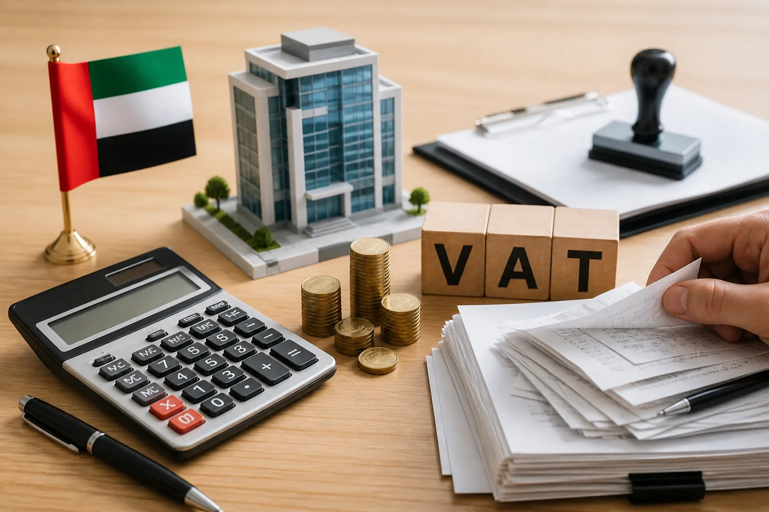 VAT on Business Setup Fees in the UAE beside a tax filing dashboard and a