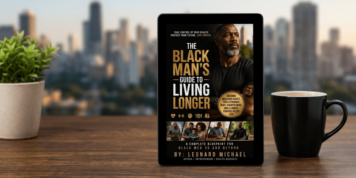 Tablet displaying The Black Man's Guide to Living Longer book cover on a desk with city skyline, plant, and coffee mug.