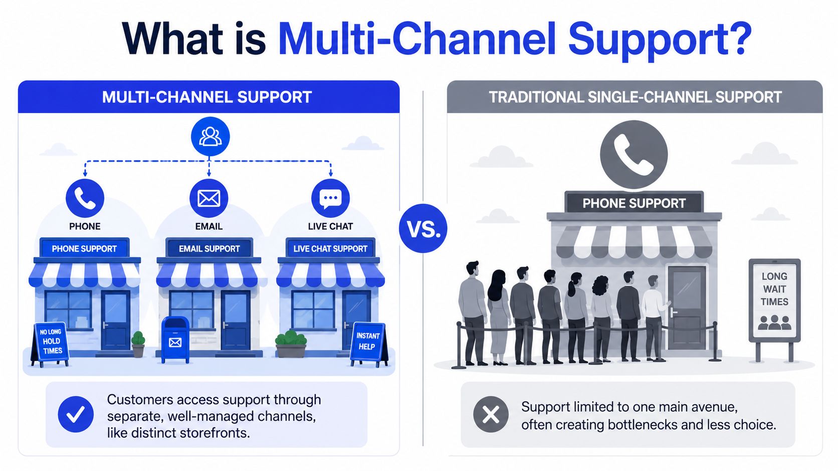 An infographic comparing modern multi-channel support with traditional single-channel phone support for customer service teams.
