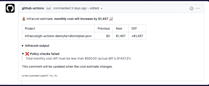 Screenshot of a GitHub comment by a bot indicating an Infracost estimate where the monthly cost will increase by $1,457. Policy checks have failed because the total monthly cost differs by more than the $500.00 allowed, with a note that the comment will be updated when the cost estimate changes