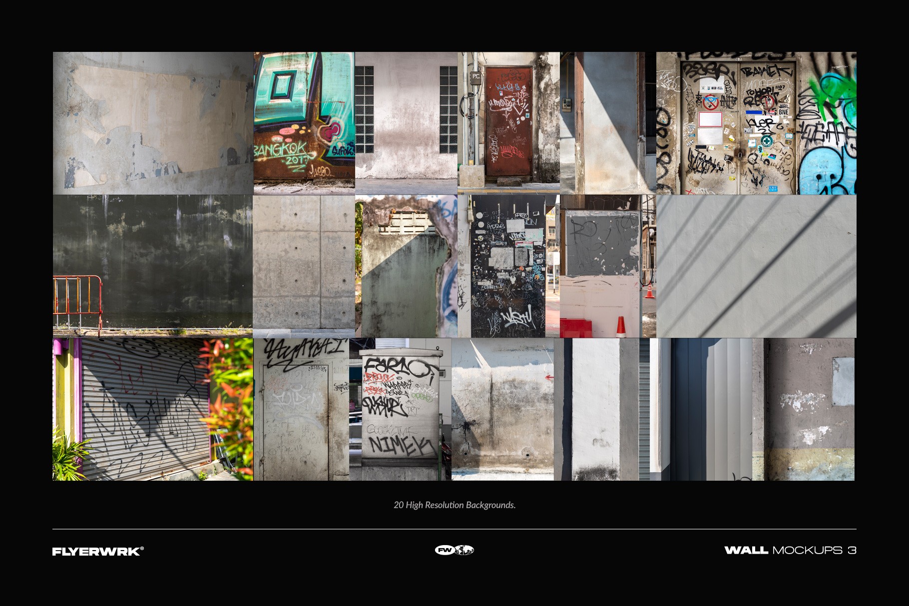 Urban poster wall mockup showing four posters arranged on concrete wall