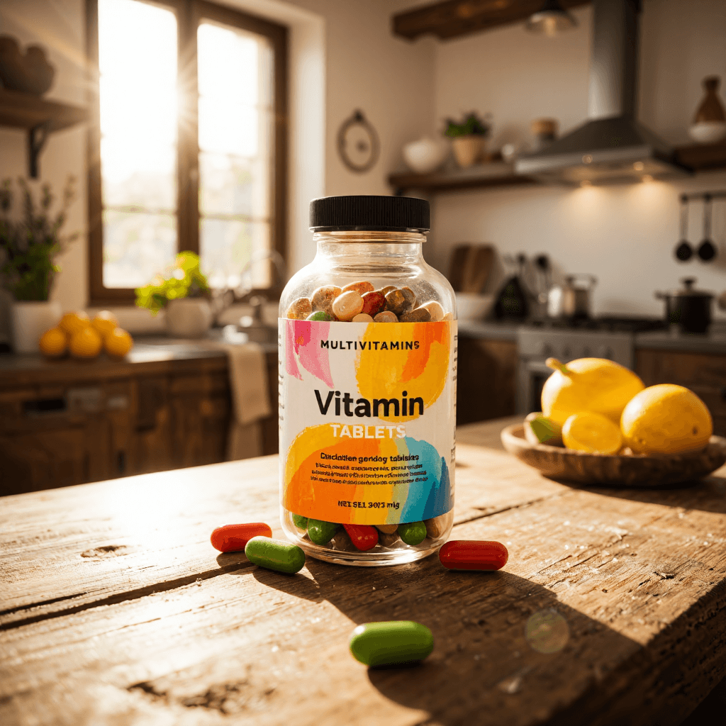 product photography of a bottle of multivitamin tablets